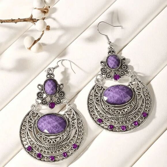 Boho Filigree Amethyst Dangle Earrings - Picture 1 of 5